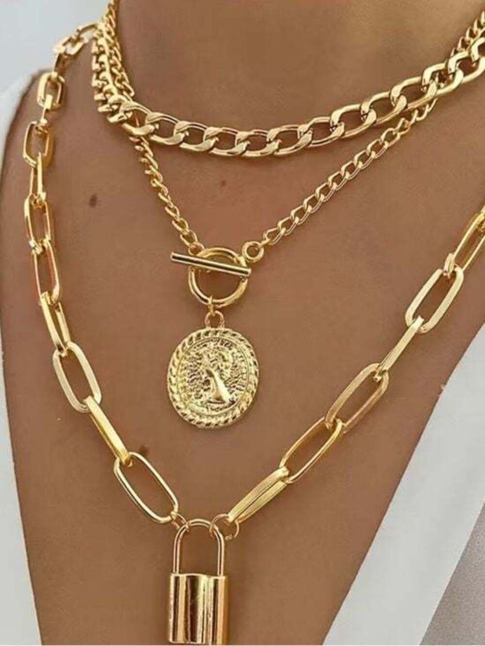 Layered Gold Coin & Padlock Necklace Trio - Women's Jewelry 3 Necklaces